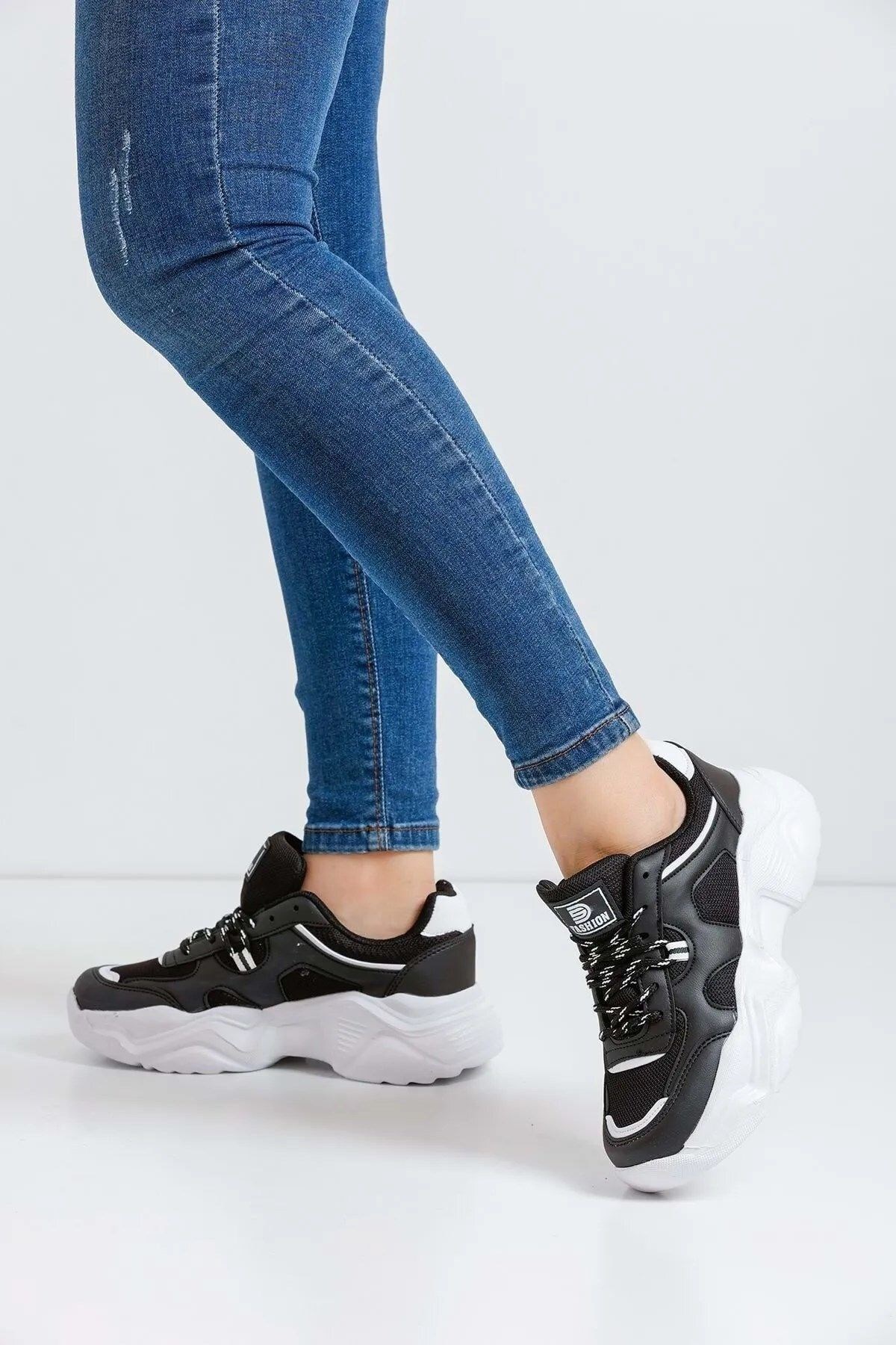 Siyah Rahat Kalın Taban Kadın Sneaker Spor Ayakkabı 3