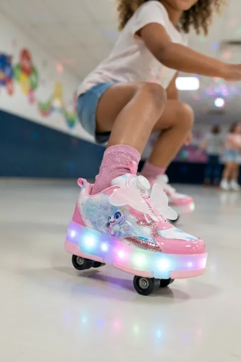 Pembe Işıklı Tekerlekli Kelebekli Otomatik Bağcıklı Kız Çocuk Patenli Spor Ayakkabı