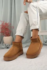 Taba İçi Kürklü Kalın Taban Bilekte Kısa Soğuğa Dayanıklı Süet Kadın Bot & Bootie 3