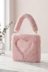 Pembe Peluş Kalp Desenli Kare Kadın El Çantası