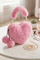 Pembe Peluş Kalp Şeklinde Zincir Detaylı Ponponlu Kadın El Çantası 5
