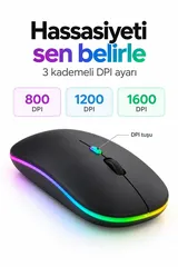Siyah Şarjlı Kablosuz Sessiz Click Mouse Rgb LED Işıklı Ultra Slim 2.4ghz 800/1200/1600DPI 5