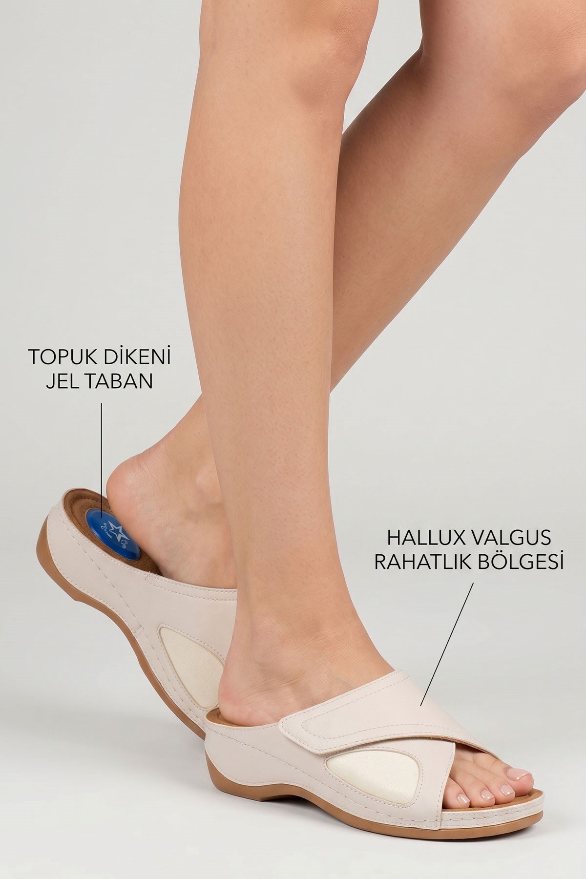 Bej Topuk Dikeni Destekli Jel Tabanlı Hallux Valgus Uyumlu Günlük Rahat Kadın Terlik