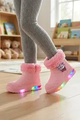 Pembe Işıklı Kışlık İçi Kürklü Çocuk Çizme Soğuğa Dayanıklı Su Geçirmez Rahat Kız Çocuk Bot 5