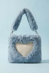 Mavi Peluş Kalp Desenli Kare Kadın El Çantası 4