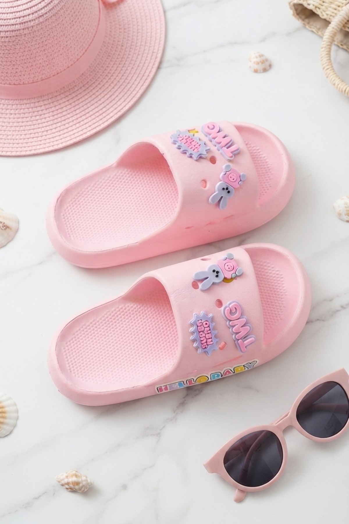 Pembe Emojili Günlük Sahil Plaj Havuz Kız Çocuk Terlik 4