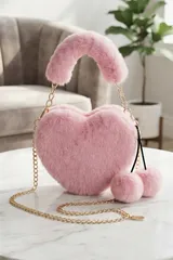 Pembe Peluş Kalp Şeklinde Zincir Detaylı Ponponlu Kadın El Çantası 6